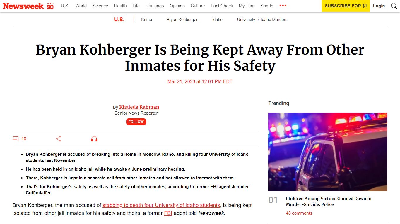 Bryan Kohberger Is Being Kept Away From Other Inmates for ... - Newsweek